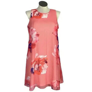 Calvin Klein Women 14 Floral A Line Swing Dress Orange Multi Sleeveless Key Hole